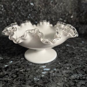 Vintage Fenton Silver Crest Ruffle Ribbon Milk Glass Footed Candy Dish Bowl.